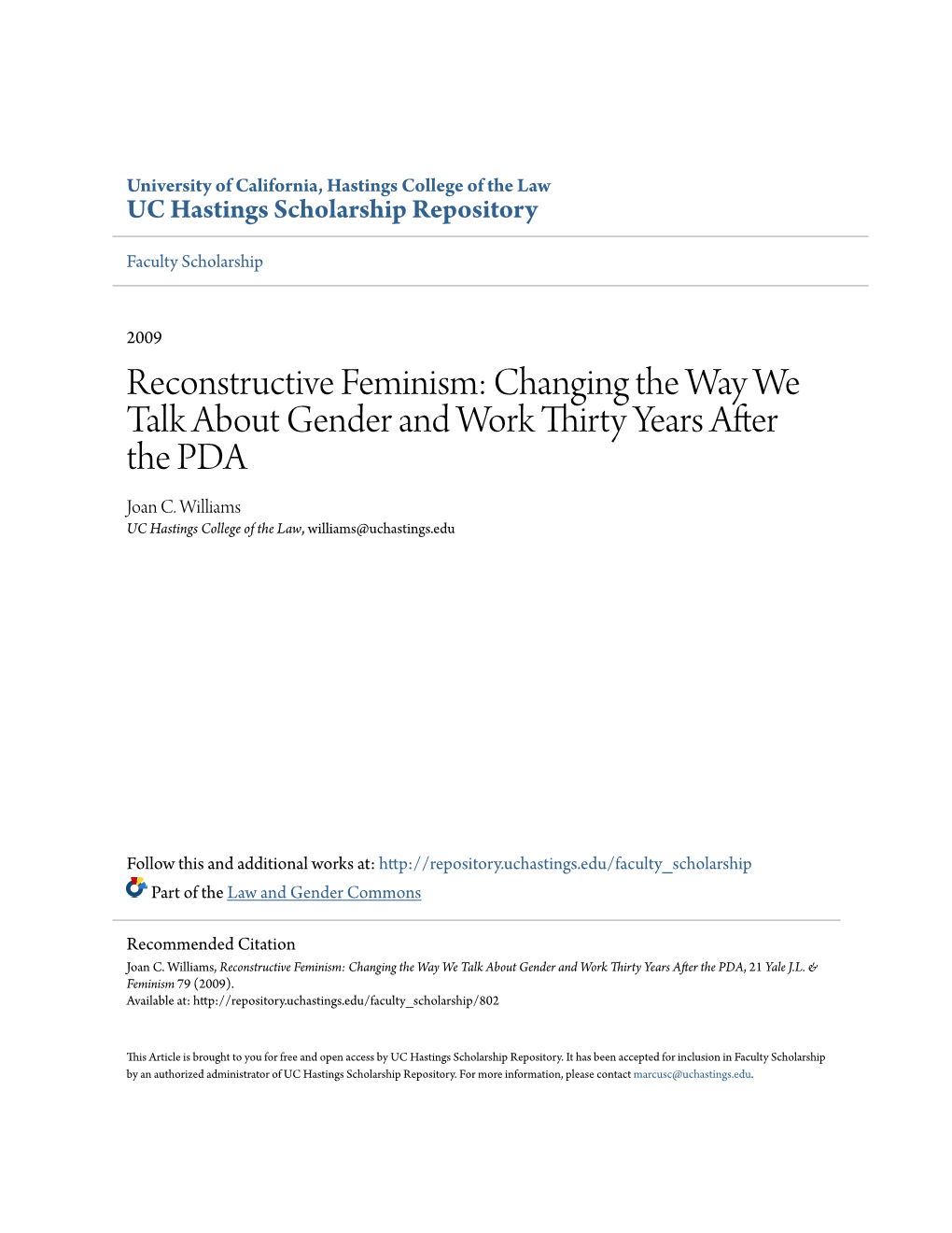 Reconstructive Feminism: Changing the Way We Talk About Gender and Work Thirty Years After the PDA Joan C