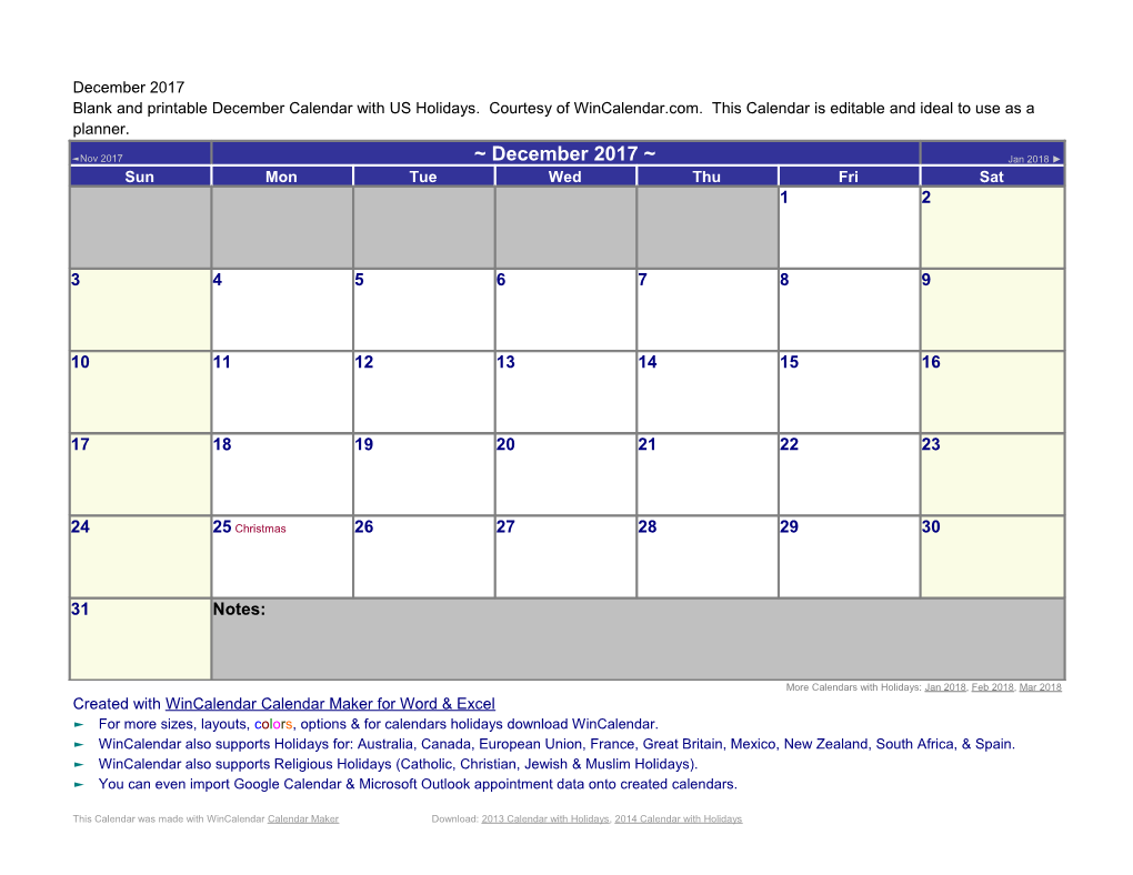 December Calendar with US Holidays2017