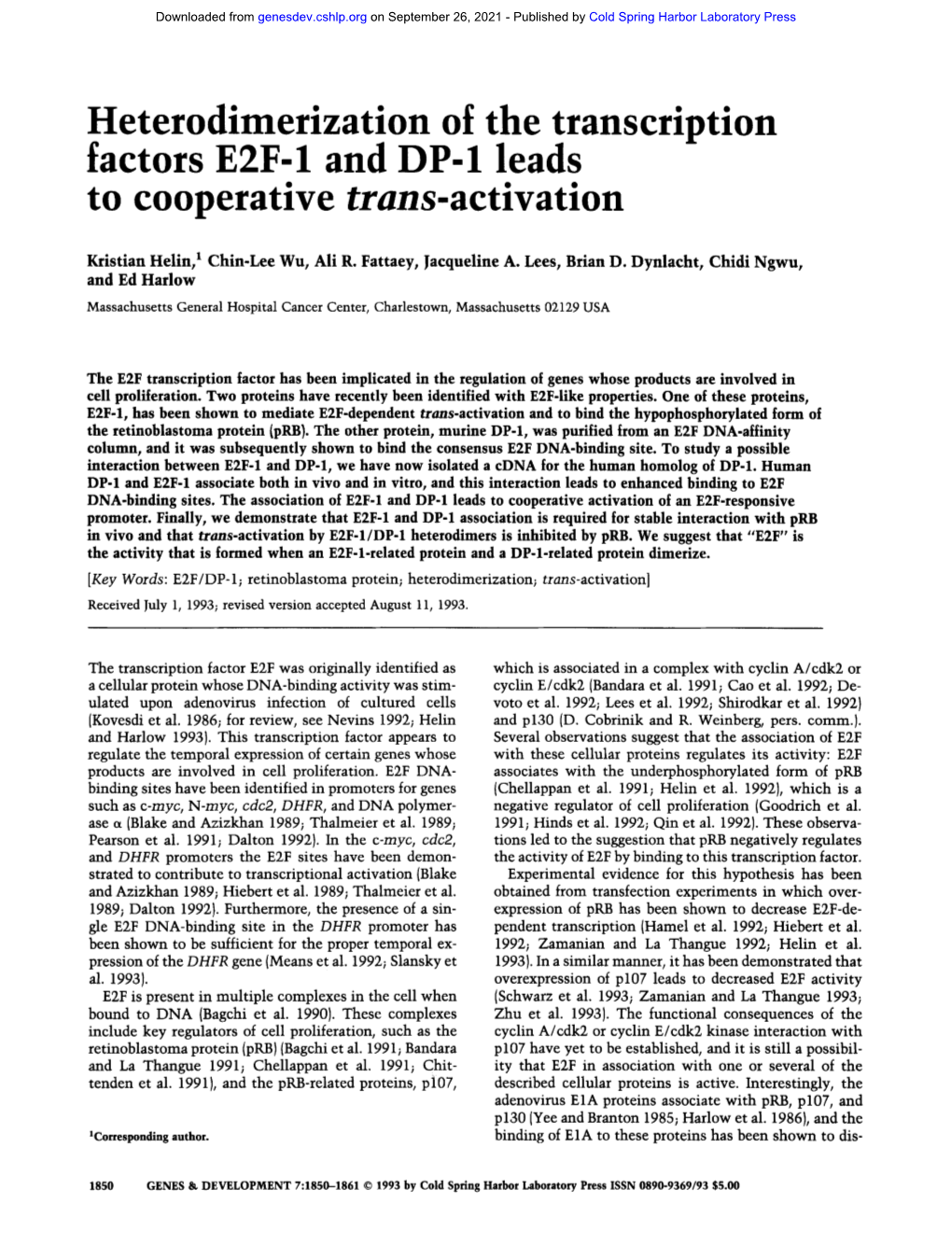 Heterodimerization of the Transcription Factors E2F-1 and DP-1 Leads to Cooperative Trans-Activation