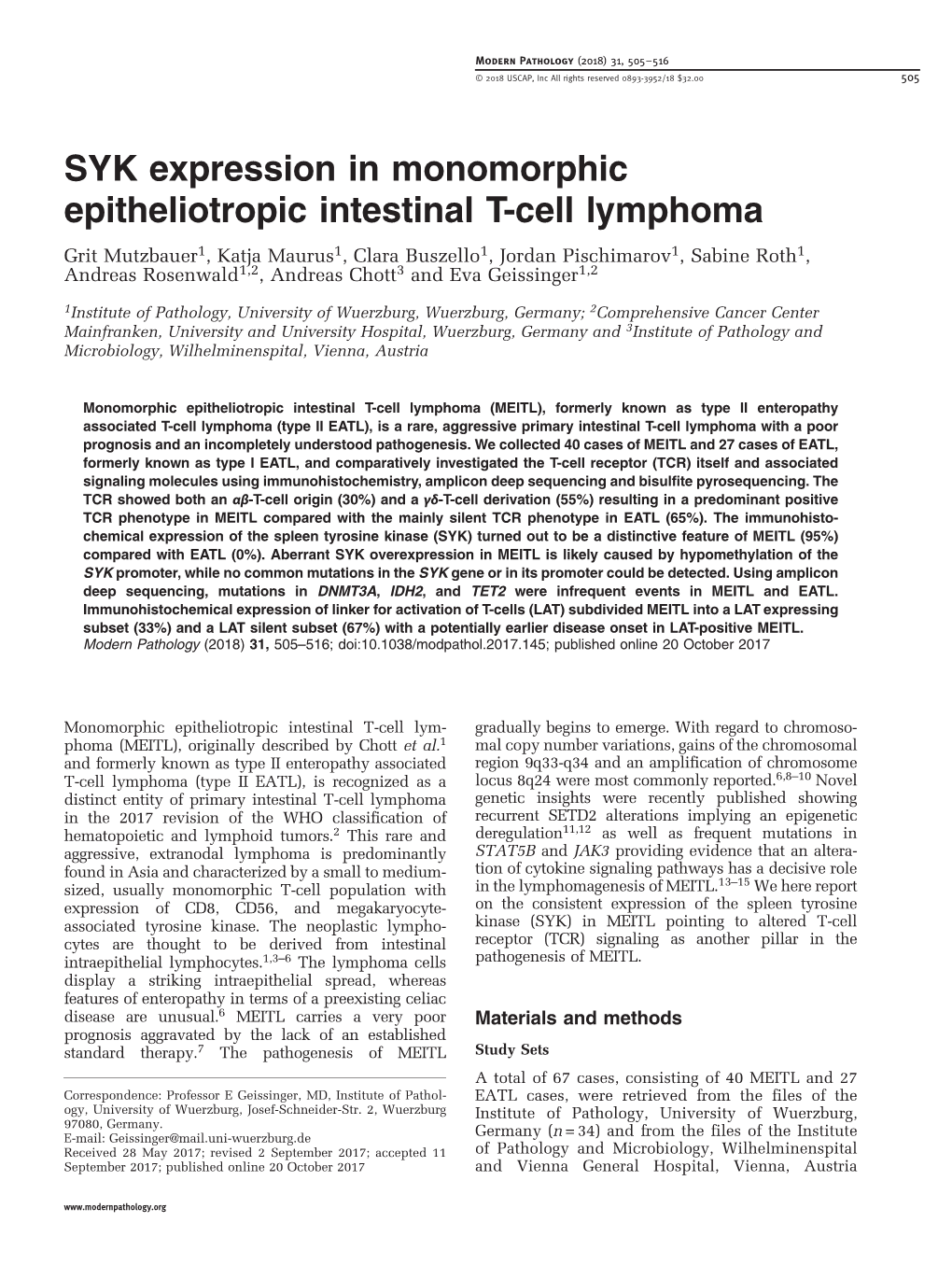 SYK Expression in Monomorphic Epitheliotropic Intestinal T-Cell