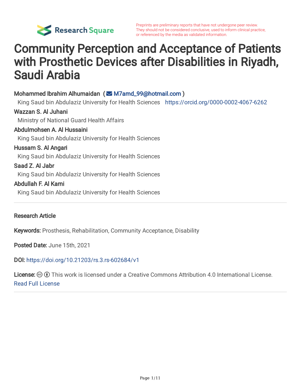 Community Perception and Acceptance of Patients with Prosthetic Devices After Disabilities in Riyadh, Saudi Arabia