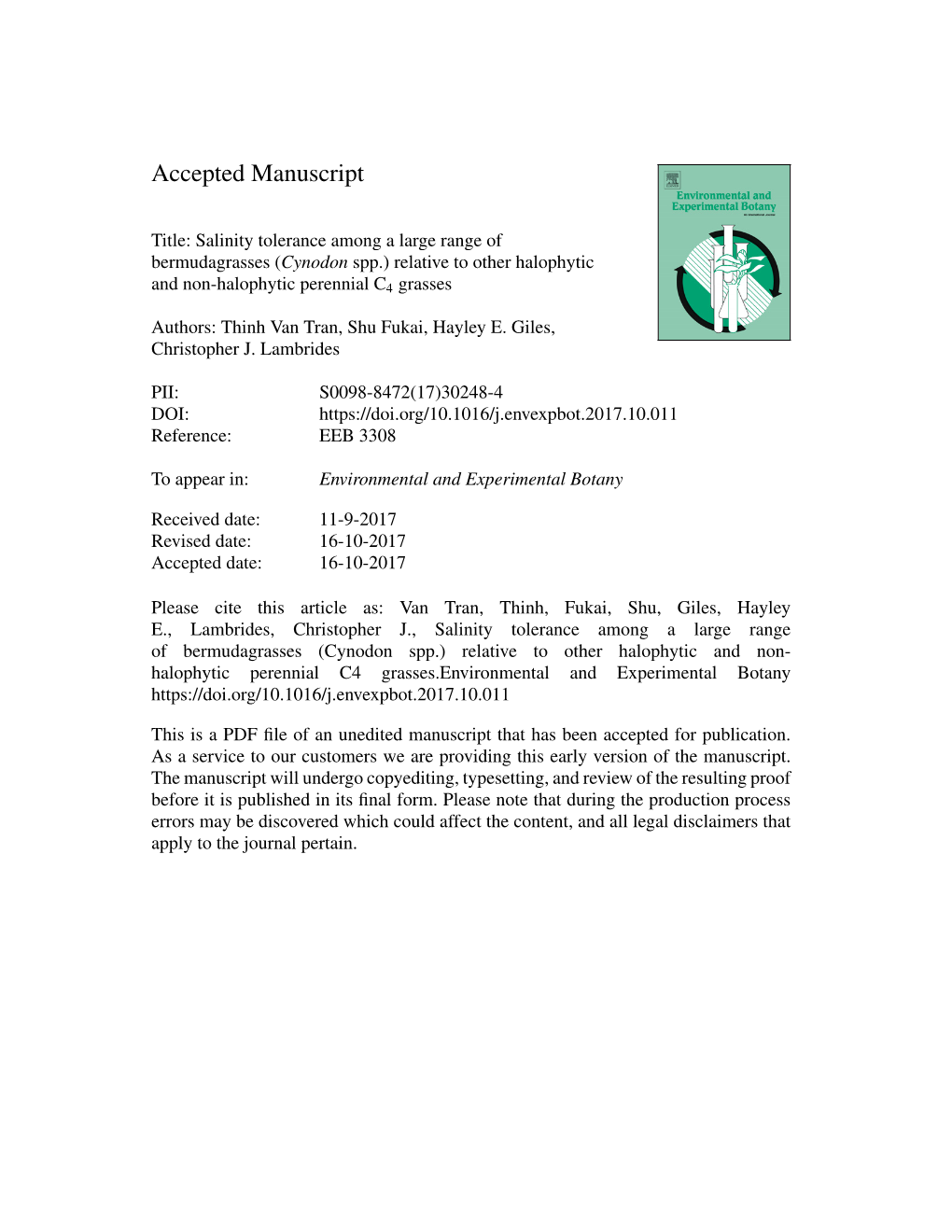 Salinity Tolerance Among a Large Range of Bermudagrasses (Cynodon Spp.) Relative to Other Halophytic and Non-Halophytic Perennial C4 Grasses