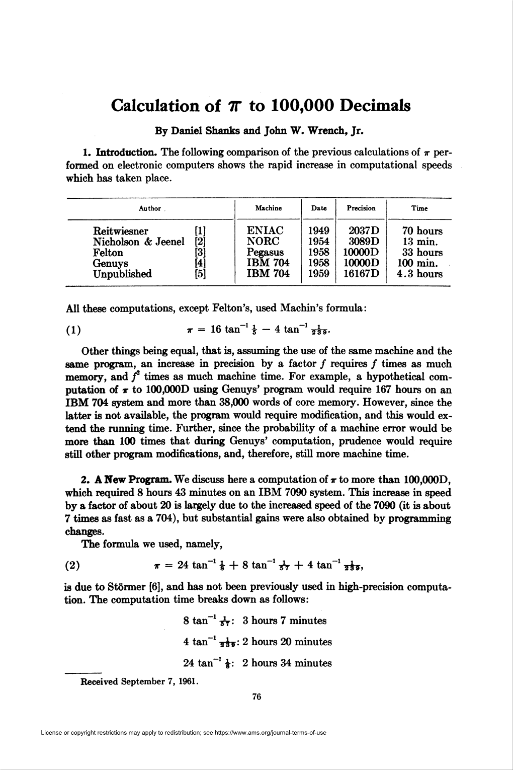 Calculation of 7T to 100,000 Decimals by Daniel Shanks and John W