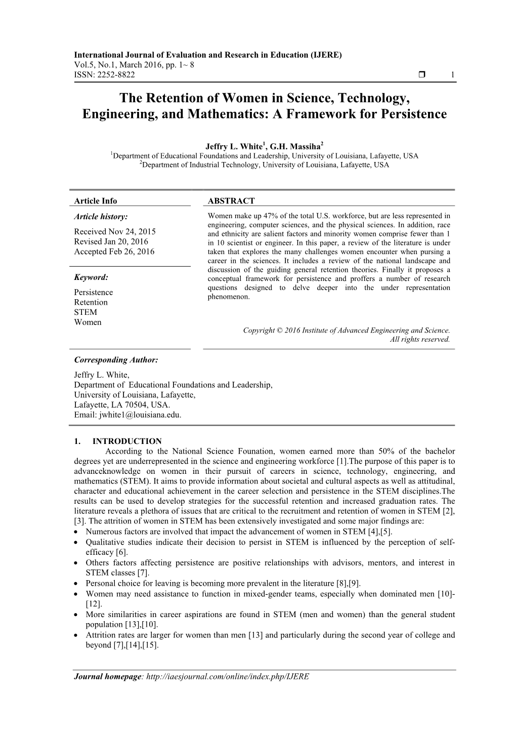 The Retention of Women in Science, Technology, Engineering, and Mathematics: a Framework for Persistence