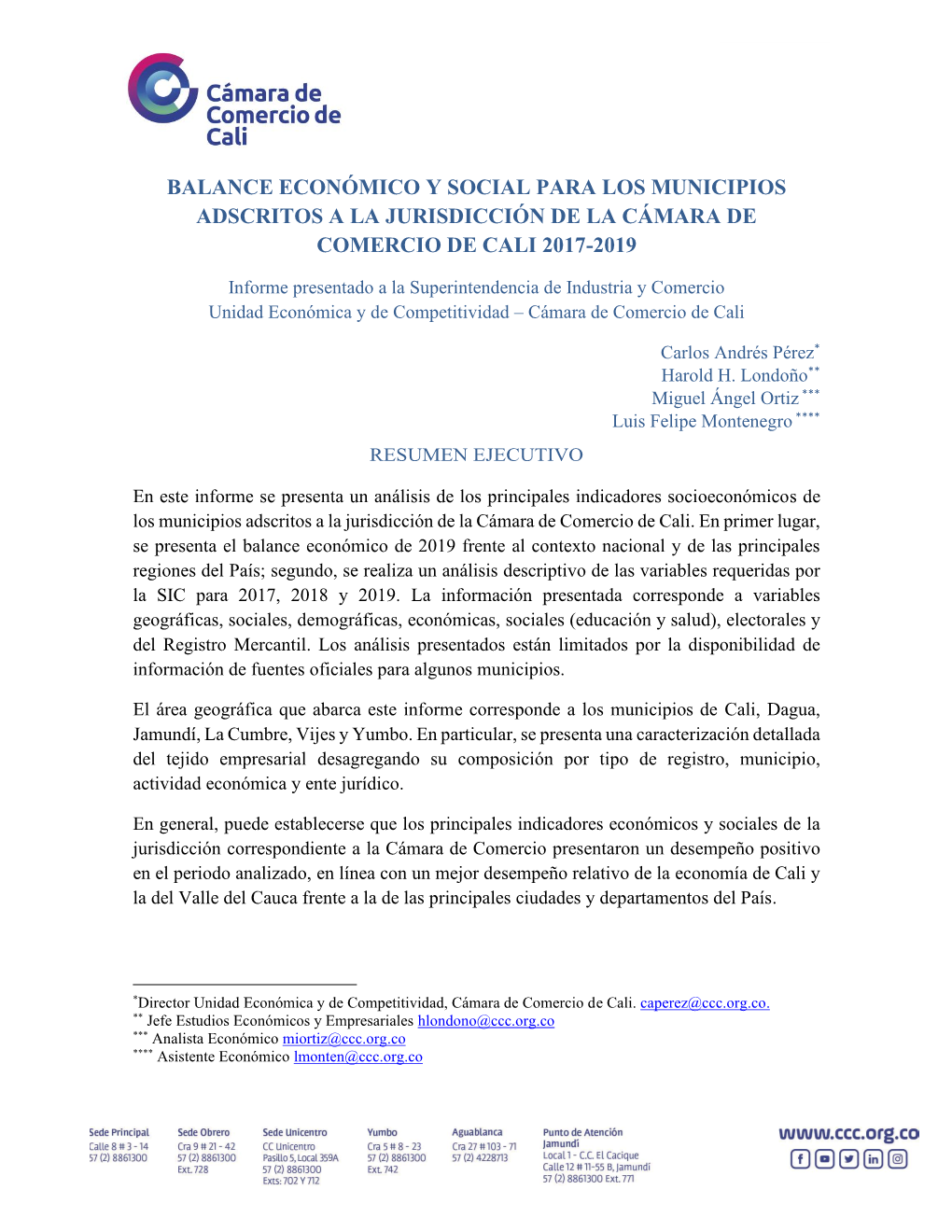 Balance Económico Y Social Para Los Municipios Adscritos a La Jurisdicción De La Cámara De Comercio De Cali 2017-2019