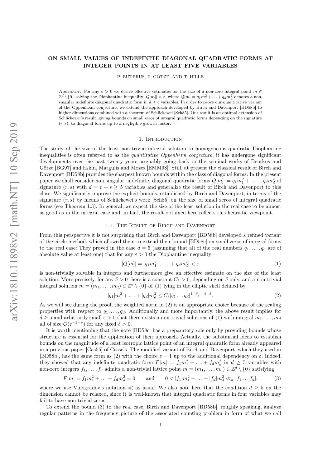 On Small Values of Indefinite Diagonal Quadratic Forms at Integer Points In