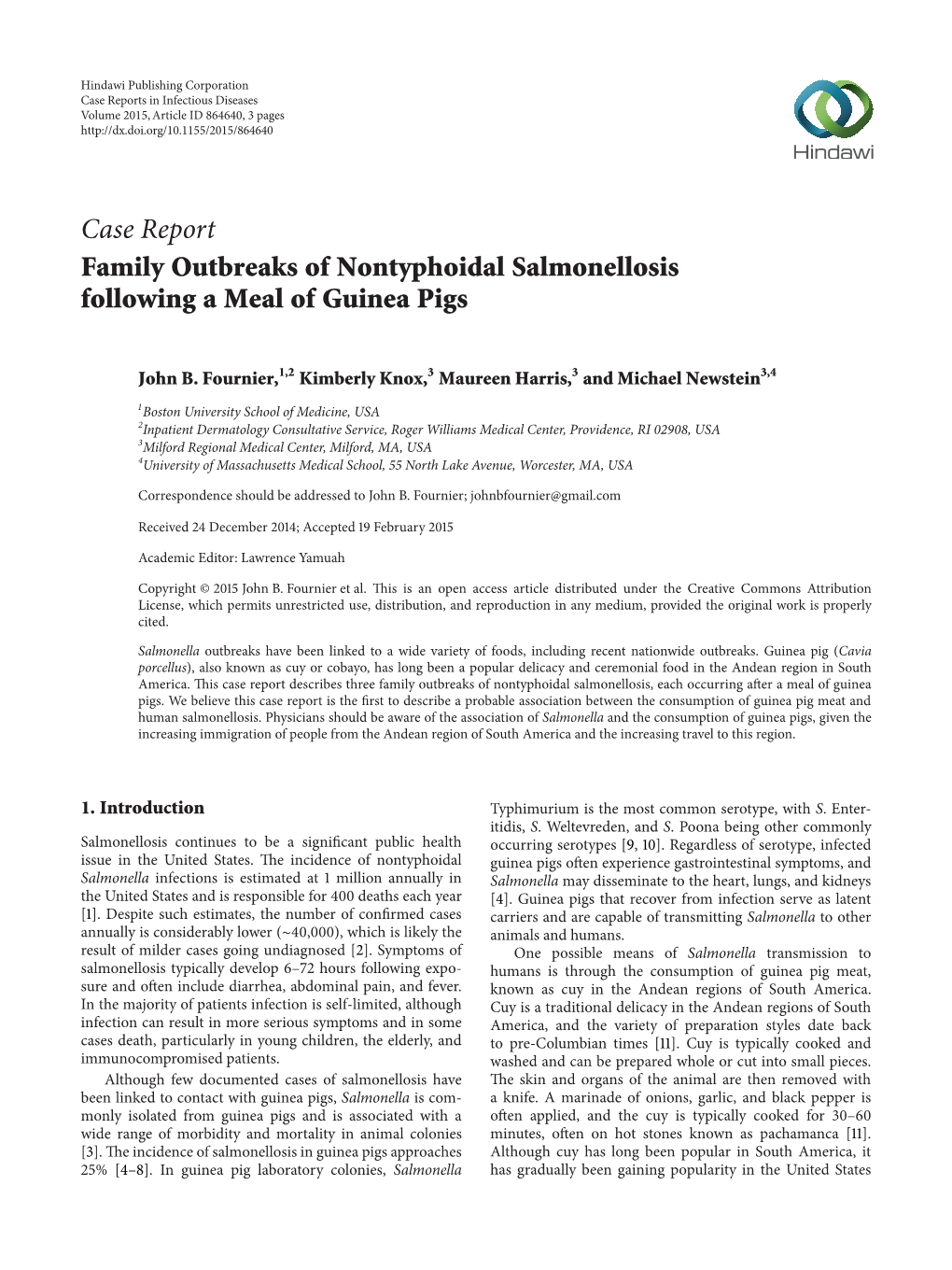 Family Outbreaks of Nontyphoidal Salmonellosis Following a Meal of Guinea Pigs