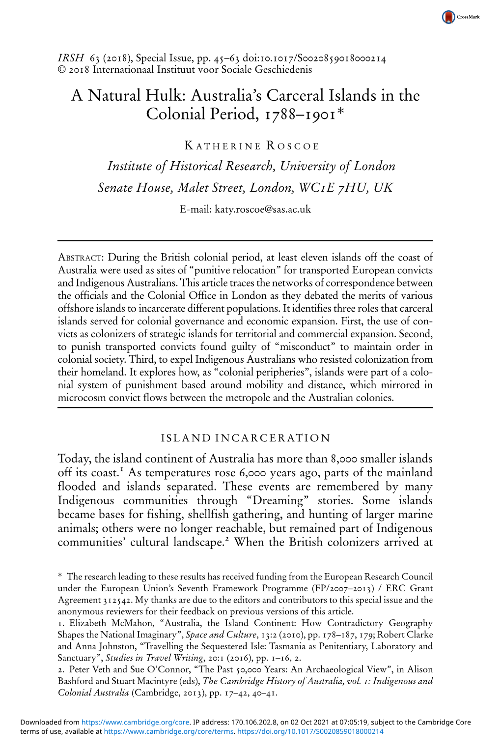 Australia's Carceral Islands in the Colonial Period, 1788–1901