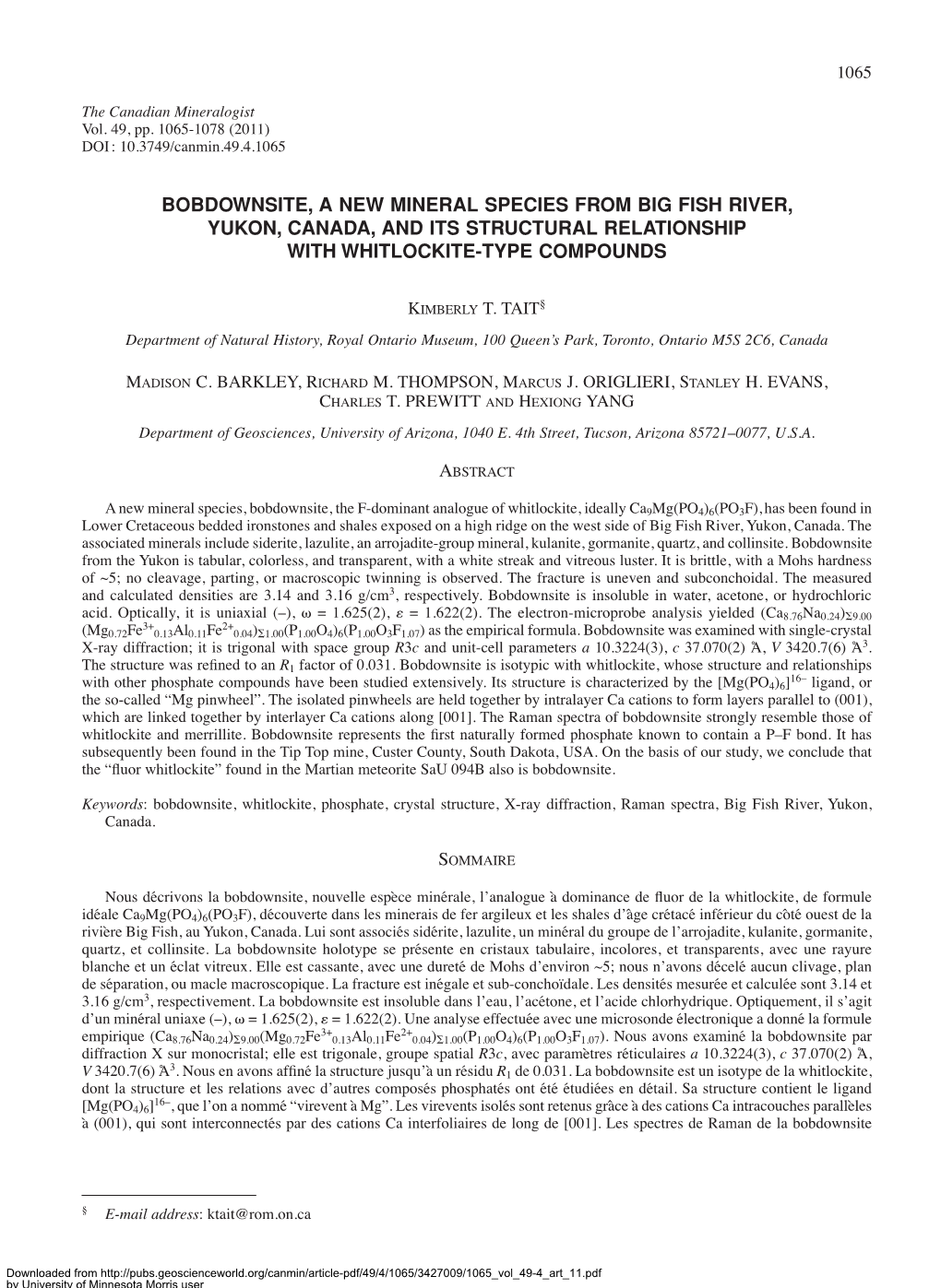 Bobdownsite, a New Mineral Species from Big Fish River, Yukon, Canada, and Its Structural Relationship with Whitlockite-Type Compounds