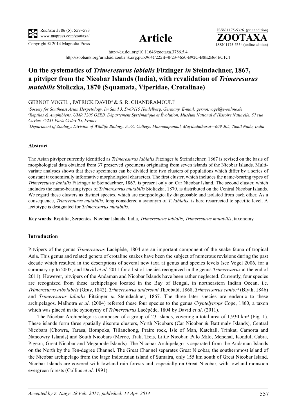 On the Systematics of Trimeresurus Labialis Fitzinger in Steindachner