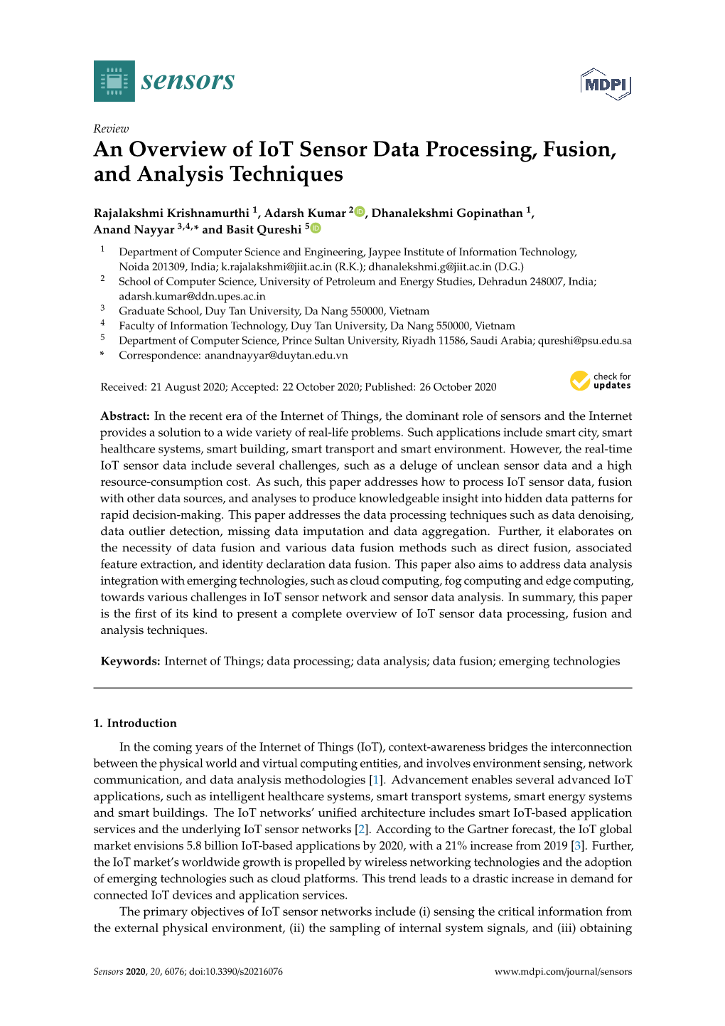 An Overview of Iot Sensor Data Processing, Fusion, and Analysis Techniques