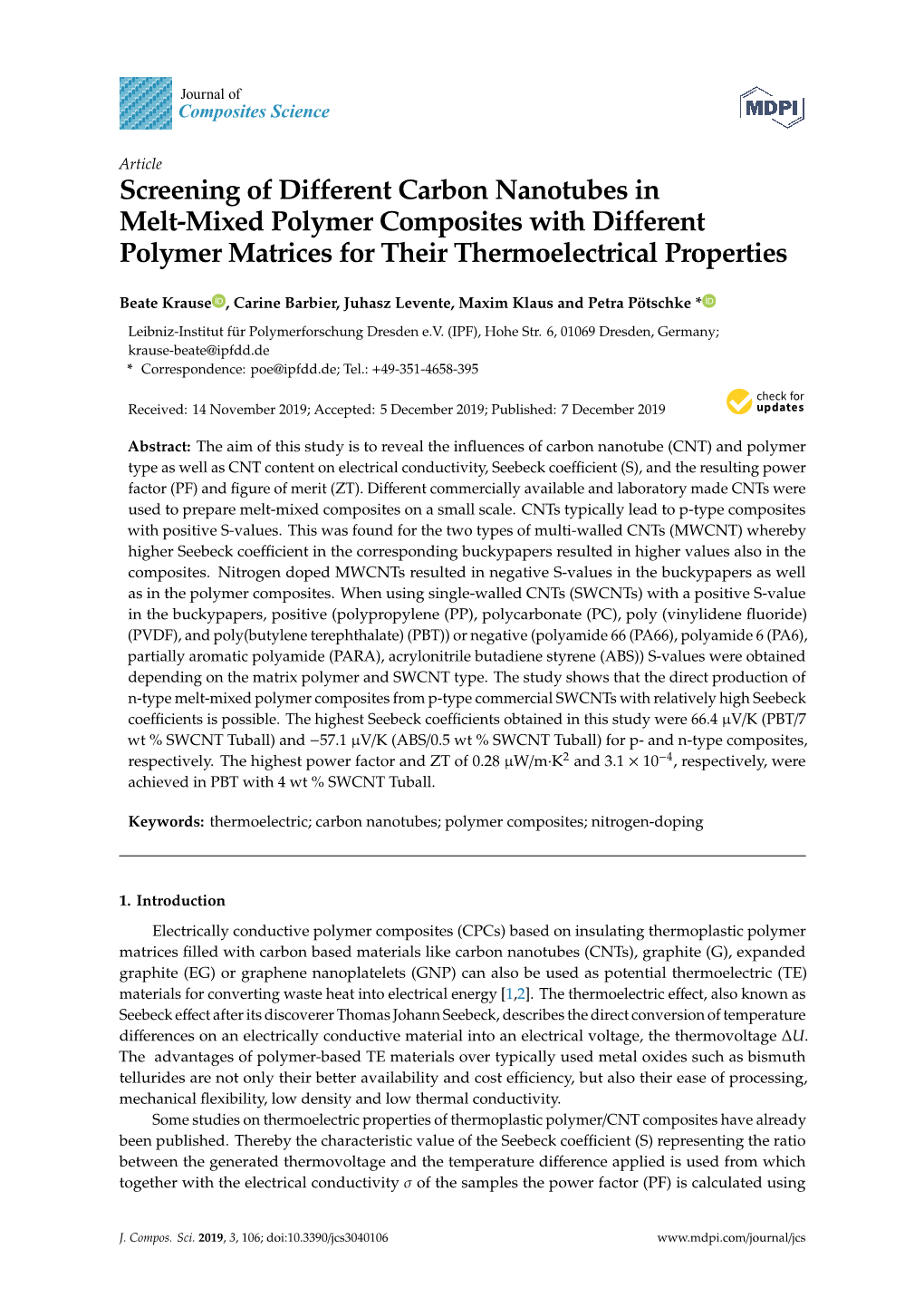 Screening of Different Carbon Nanotubes in Melt-Mixed Polymer Composites with Different Polymer Matrices for Their Thermoelectrical Properties