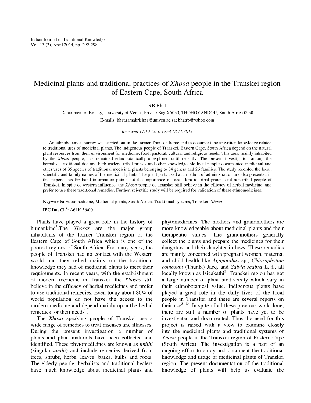 Medicinal Plants and Traditional Practices of Xhosa People in the Transkei Region of Eastern Cape, South Africa