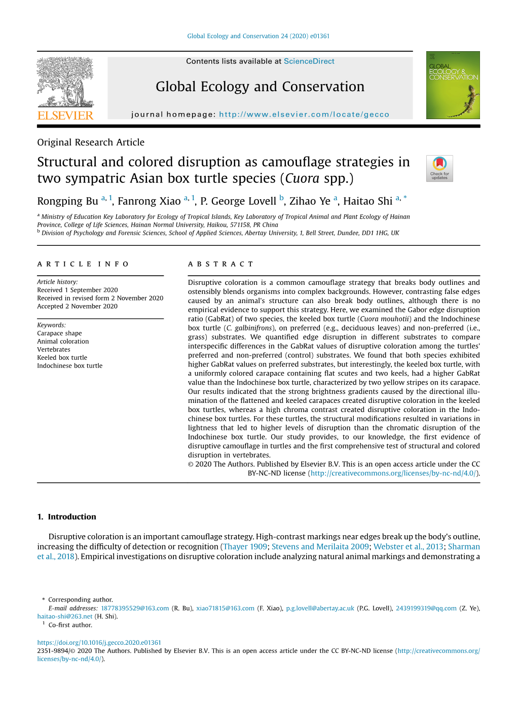 Structural and Colored Disruption As Camouflage Strategies in Two Sympatric Asian Box Turtle Species