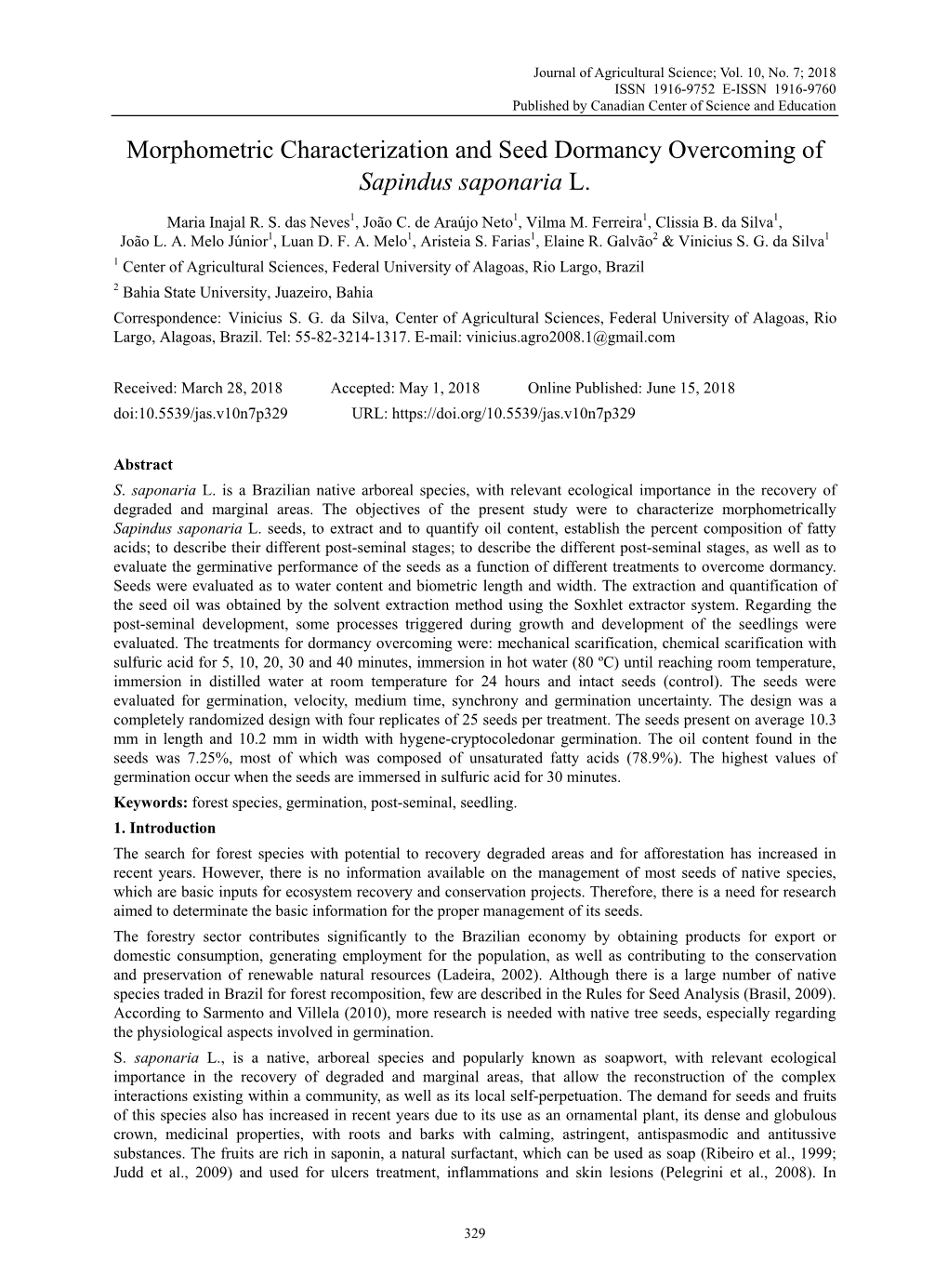 Morphometric Characterization and Seed Dormancy Overcoming of Sapindus Saponaria L