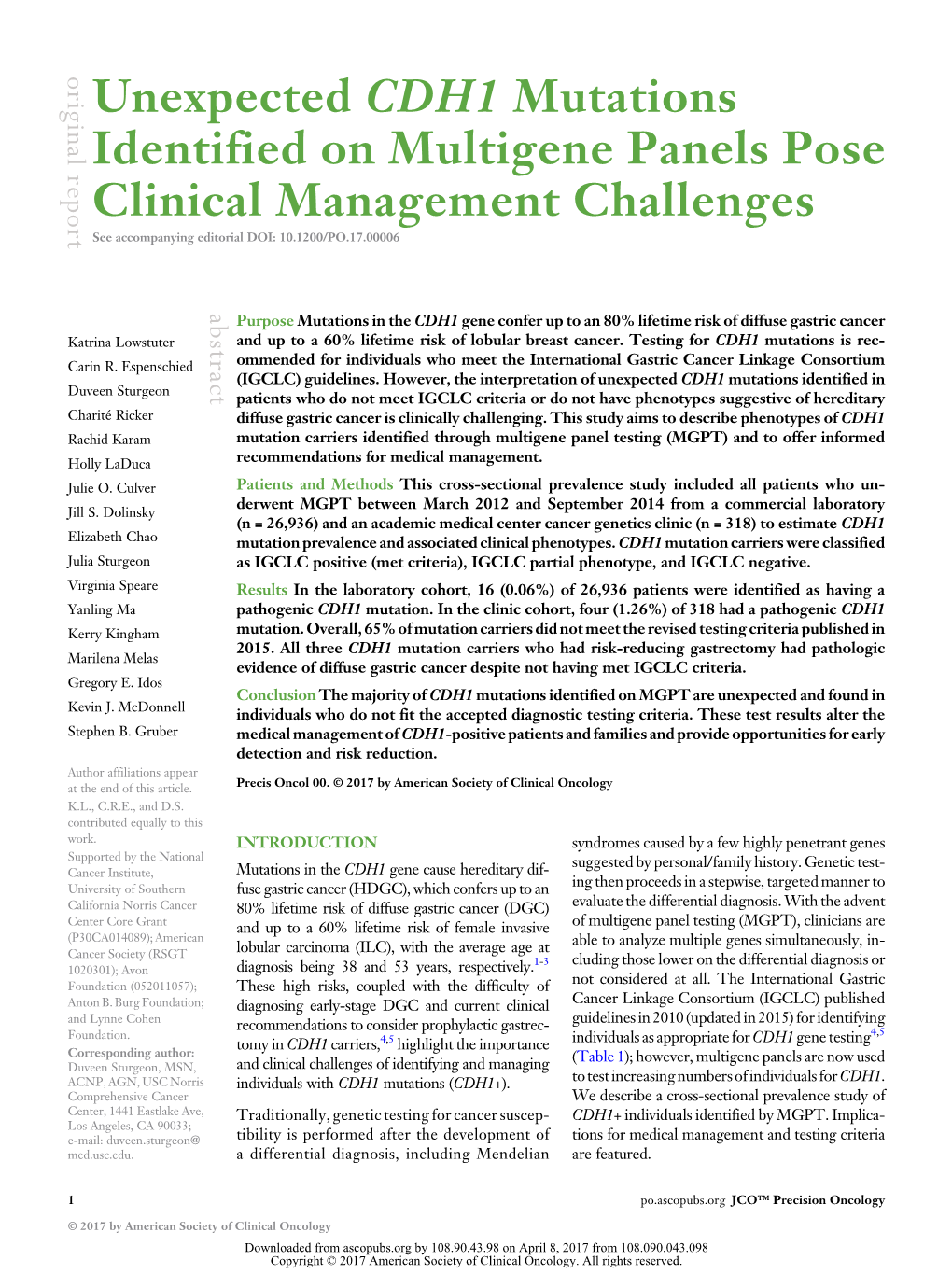 Unexpected CDH1 Mutations Identified on Multigene Panels