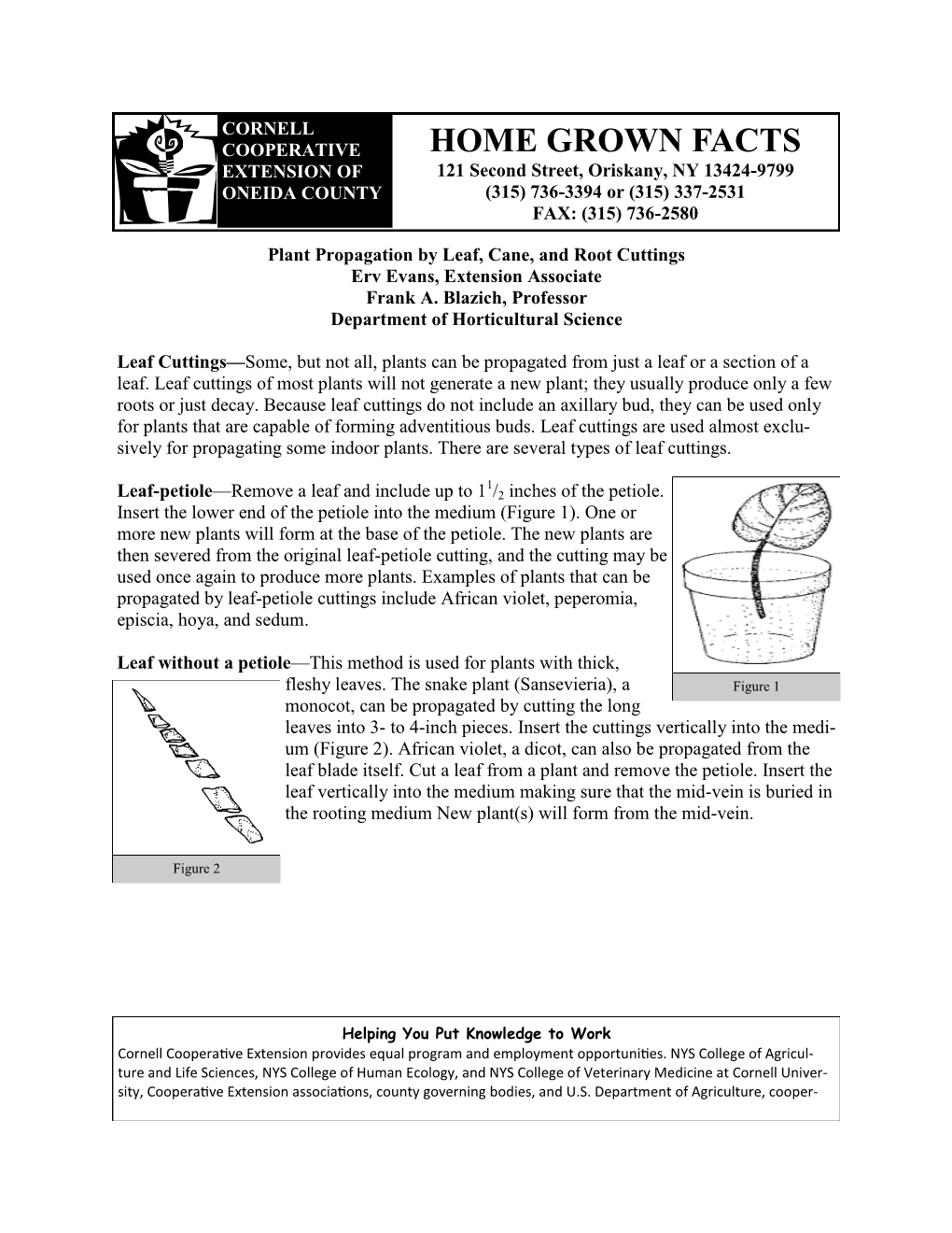 Plant Propagation by Leaf, Cane, and Root Cuttings Erv Evans, Extension Associate Frank A