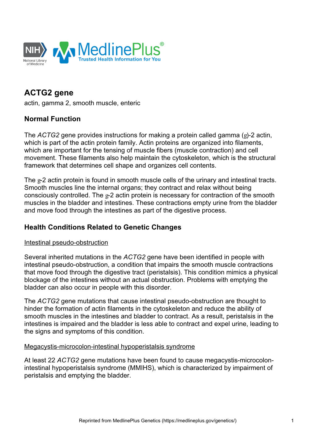 ACTG2 Gene Actin, Gamma 2, Smooth Muscle, Enteric