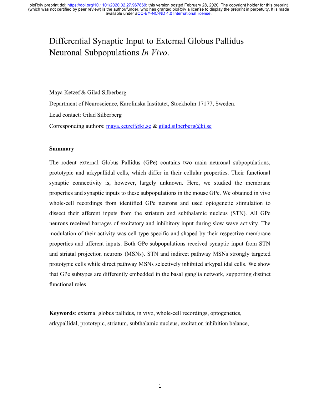 Differential Synaptic Input to External Globus Pallidus Neuronal Subpopulations in Vivo