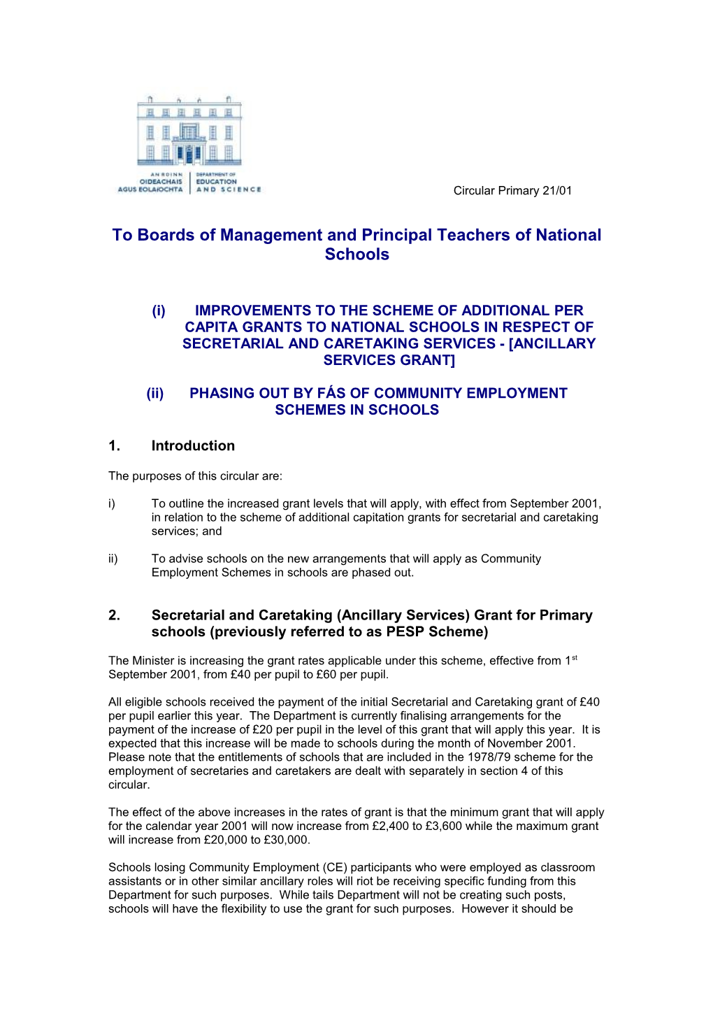 Circular 21/01 - Improvements to the Scheme of Additional Per Capita Grants to National