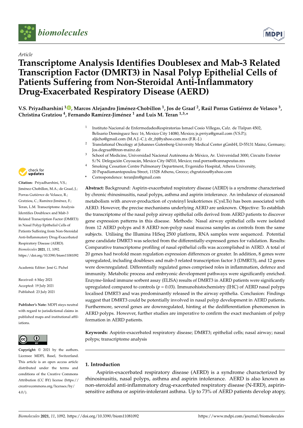 Transcriptome Analysis Identifies Doublesex and Mab-3 Related Transcription Factor (DMRT3) in Nasal Polyp Epithelial Cells of Pa