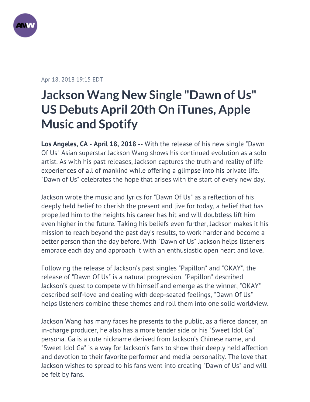 Jackson Wang New Single "Dawn of Us" US Debuts April 20Th on Itunes, Apple Music and Spotify