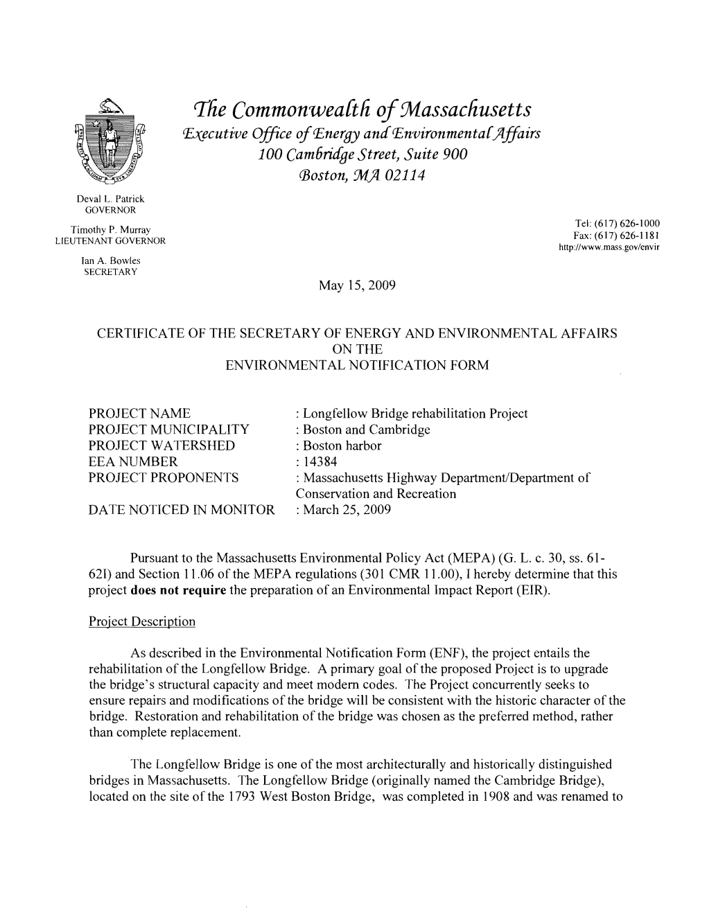 The Commonweakh of Massachusetts Mecutive Offrce Ofanergy Andenvironmentac~Lairs 100 Cam6ndge Street, Suite 900 Boston, MA 02114