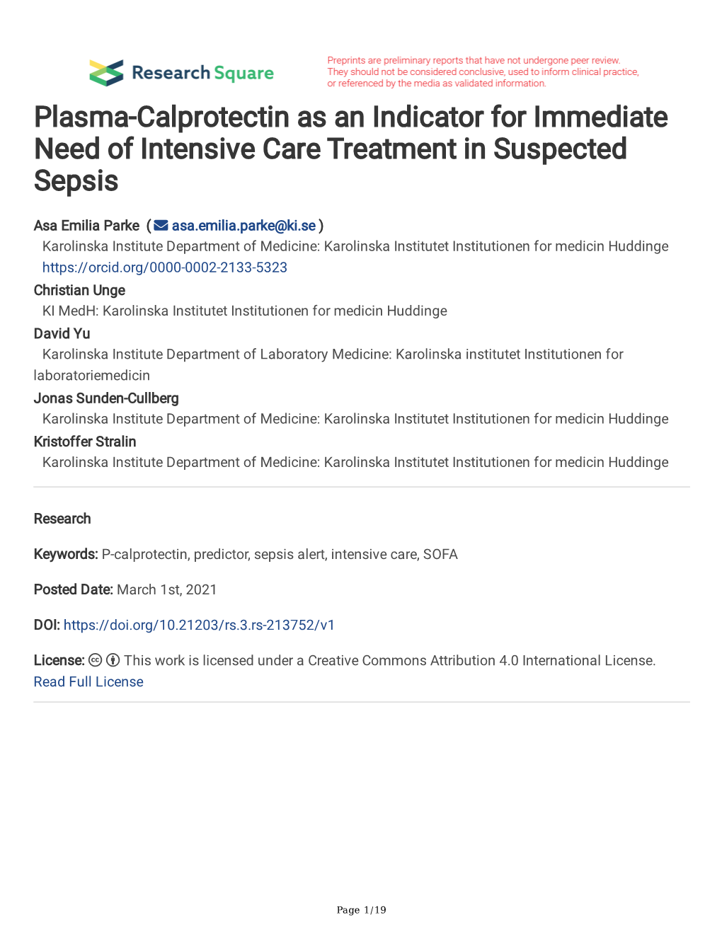 Plasma-Calprotectin As an Indicator for Immediate Need of Intensive Care Treatment in Suspected Sepsis