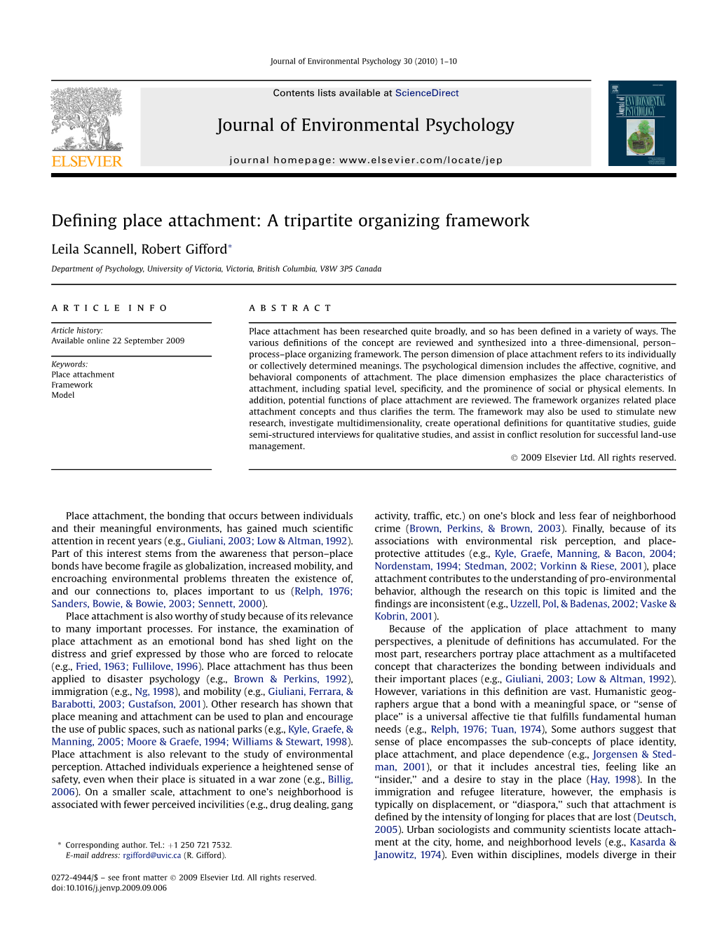 Defining Place Attachment: a Tripartite Organizing Framework