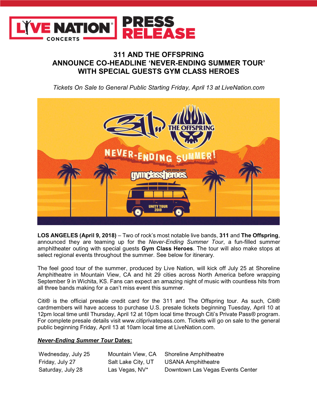 311 and the Offspring Announce Co-Headline ‘Never-Ending Summer Tour’ with Special Guests Gym Class Heroes