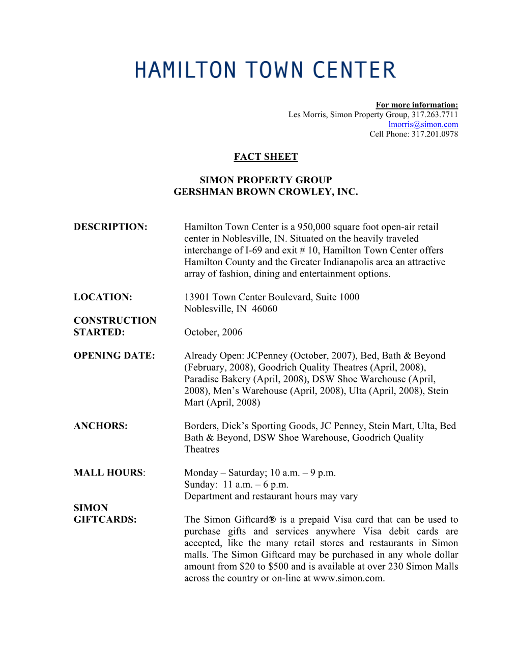 Hamilton Town Center Fact Sheet April 08.Pdf