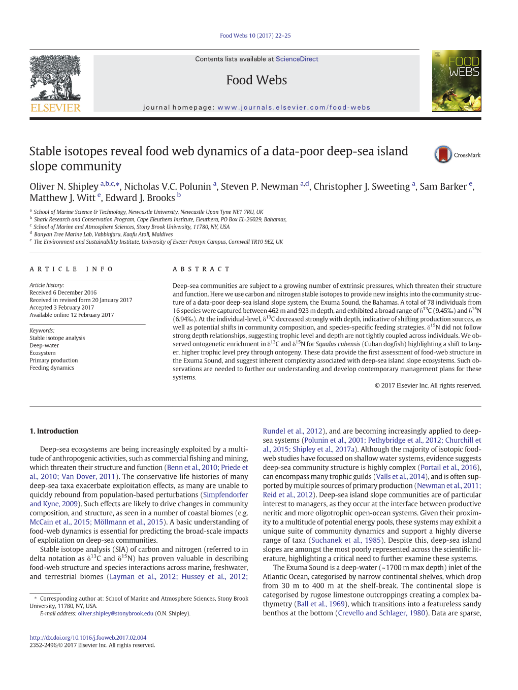 Stable Isotopes Reveal Food Web Dynamics of a Data-Poor Deep-Sea Island Slope Community