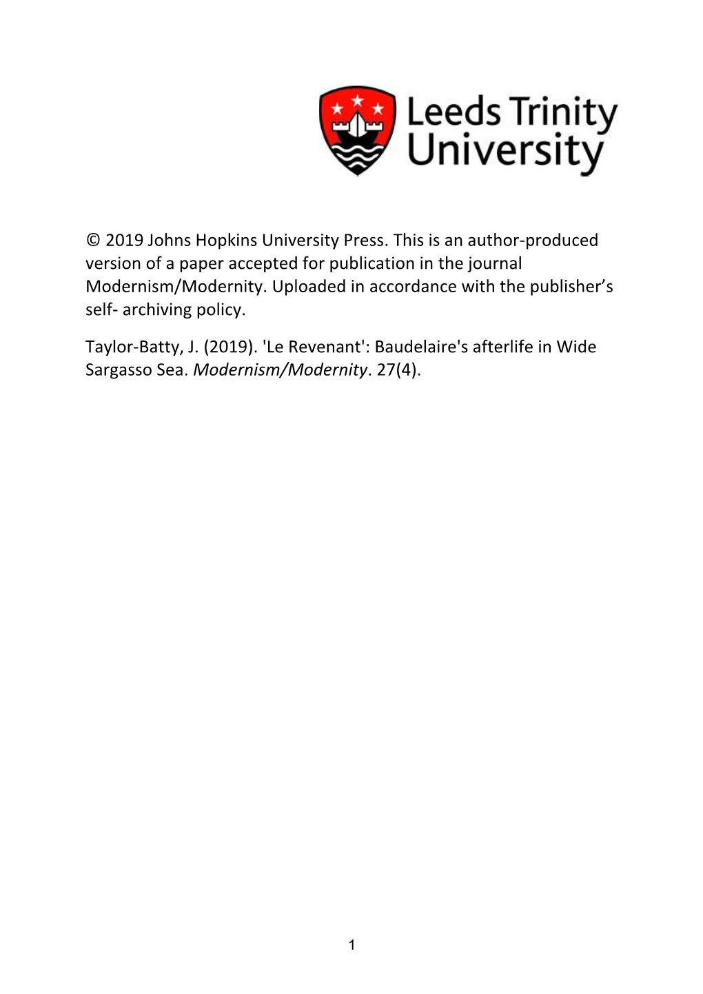 2019 Johns Hopkins University Press. This Is an Author-Produced Version of a Paper Accepted for Publication in the Journal Modernism/Modernity