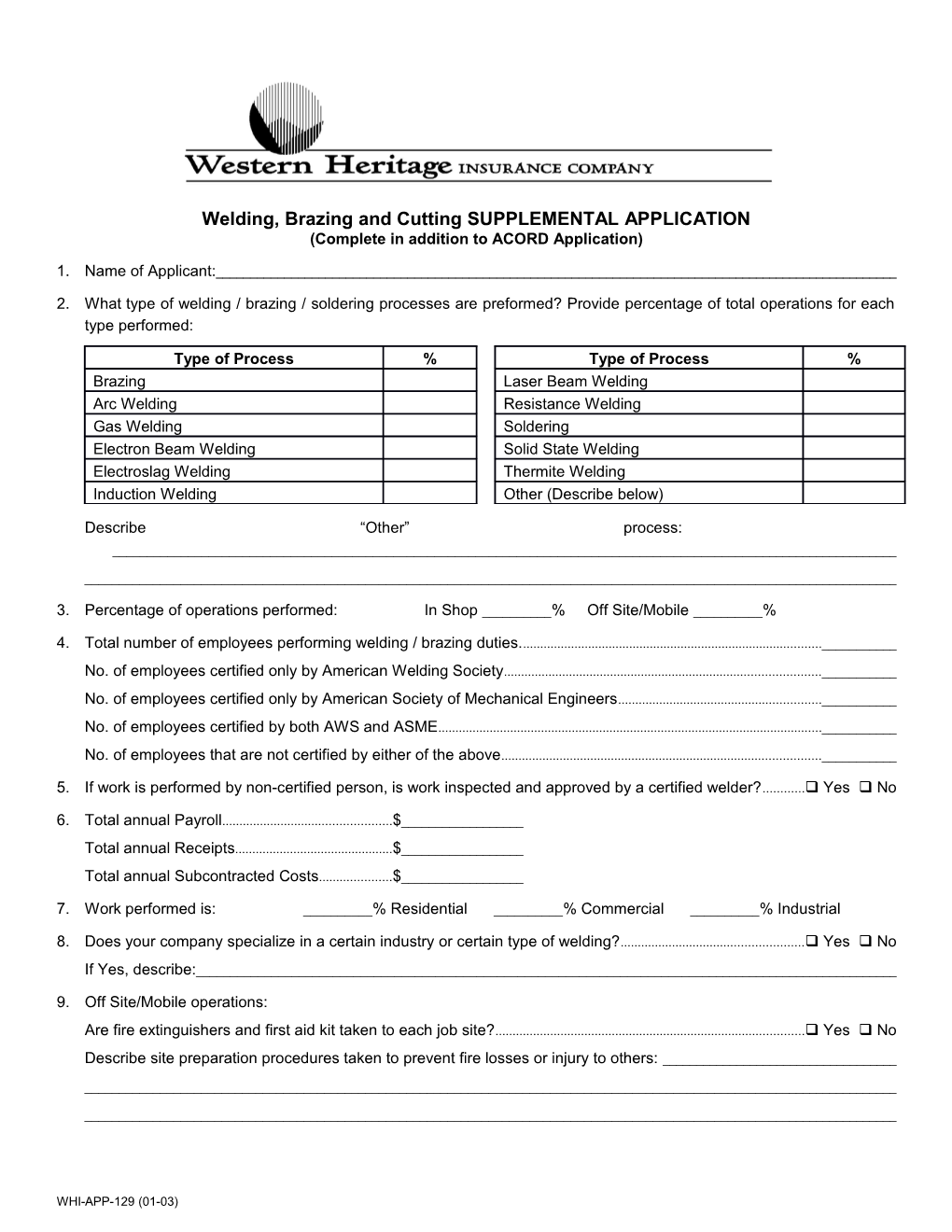 Welding, Brazing and Cutting SUPPLEMENTAL APPLICATION