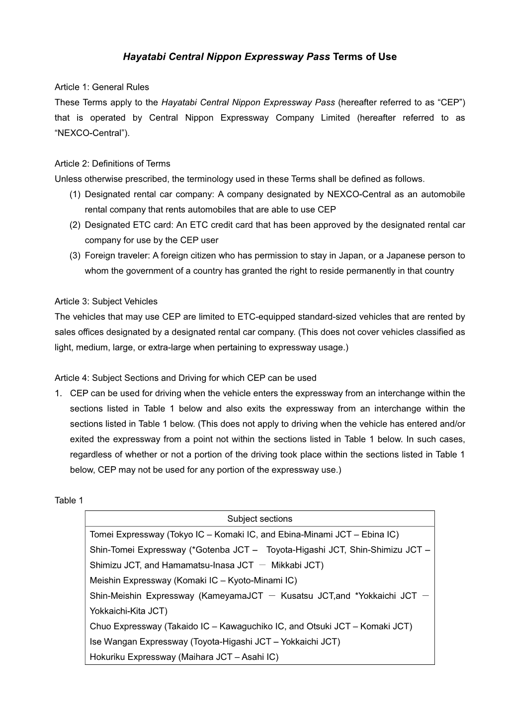 To See the Hayatabi Central Nippon Expressway Pass Terms of Use