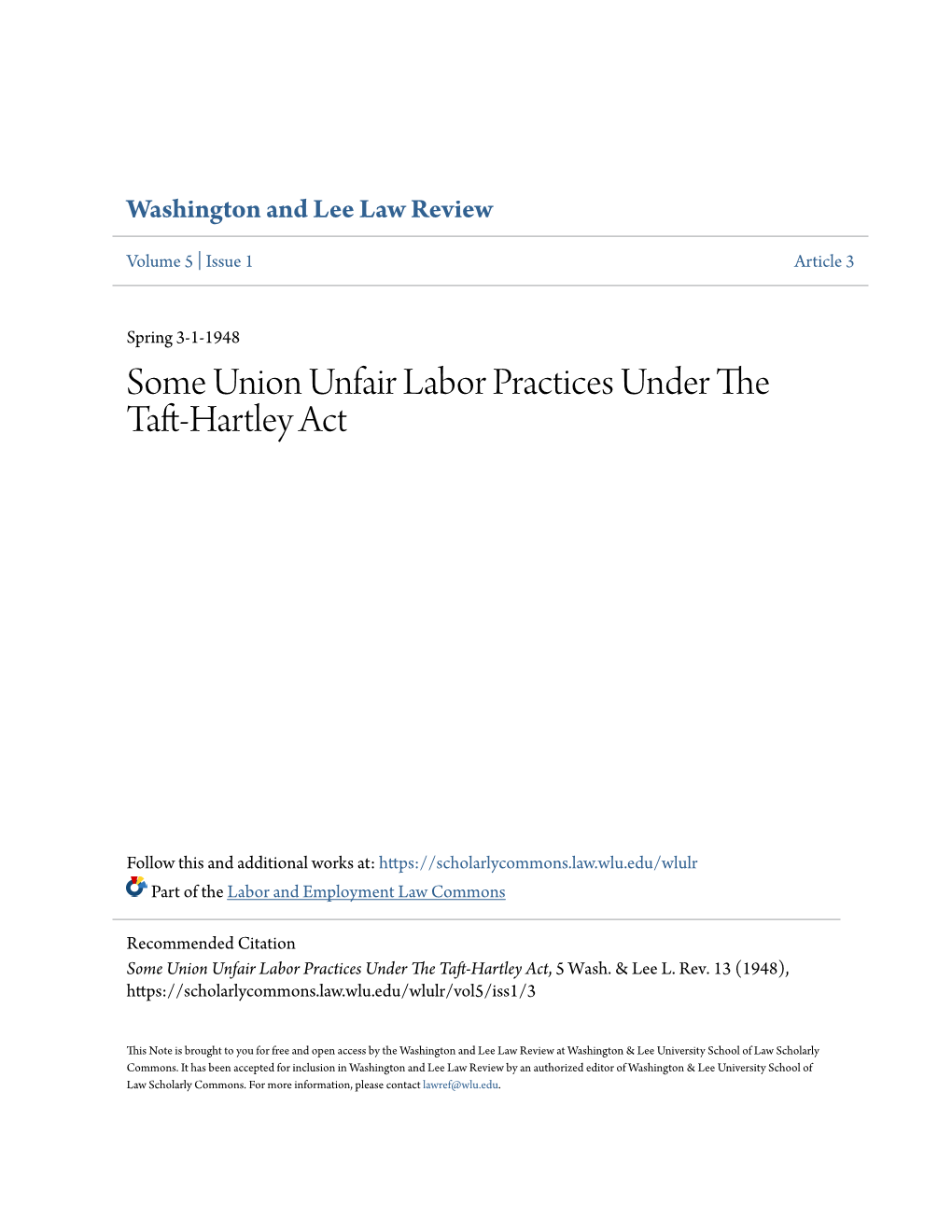 Some Union Unfair Labor Practices Under the Taft-Hartley Act