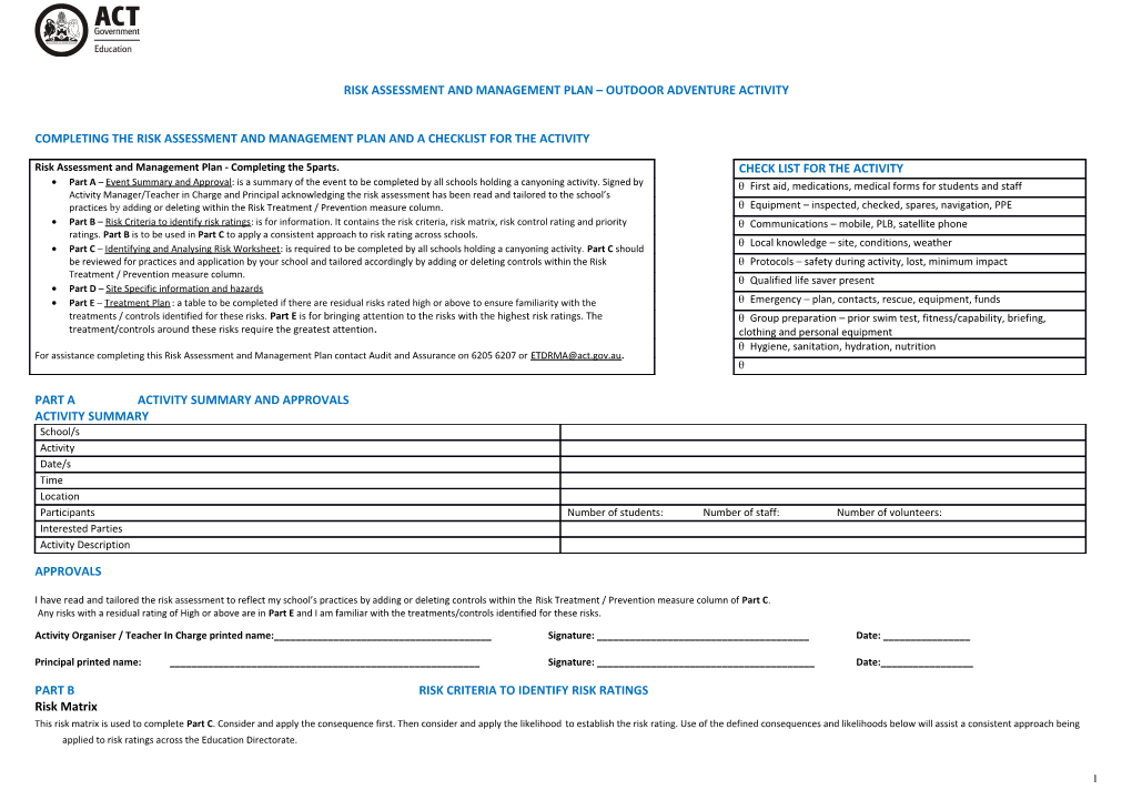 Risk Assessment and Management Plan OUTDOOR ADVENTURE ACTIVITY s1