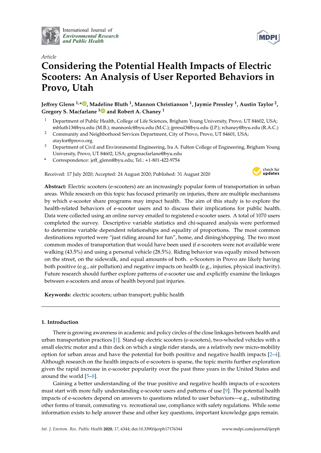 Considering the Potential Health Impacts of Electric Scooters: an Analysis of User Reported Behaviors in Provo, Utah