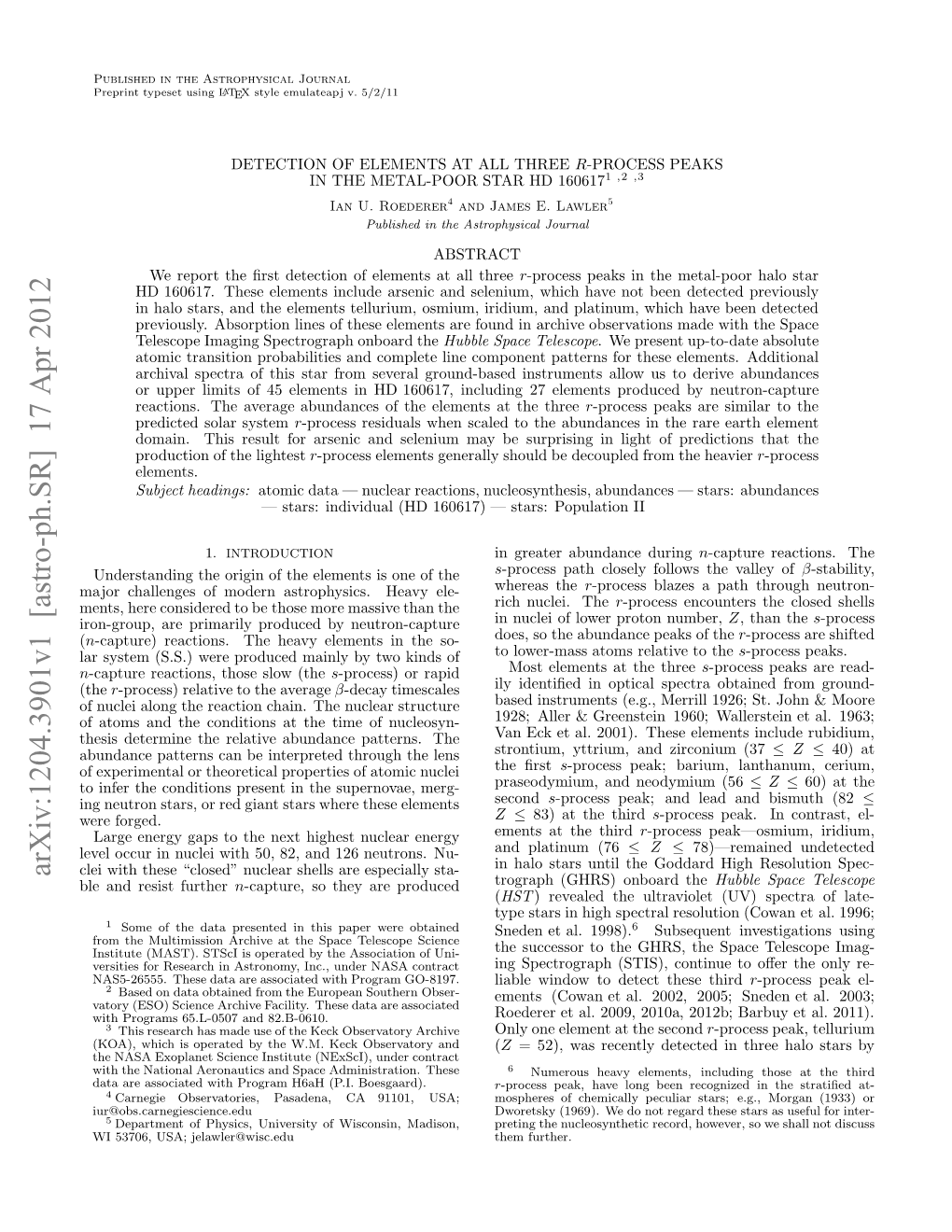 Detection of Elements at All Three R-Process Peaks in the Metal-Poor Star HD 160617