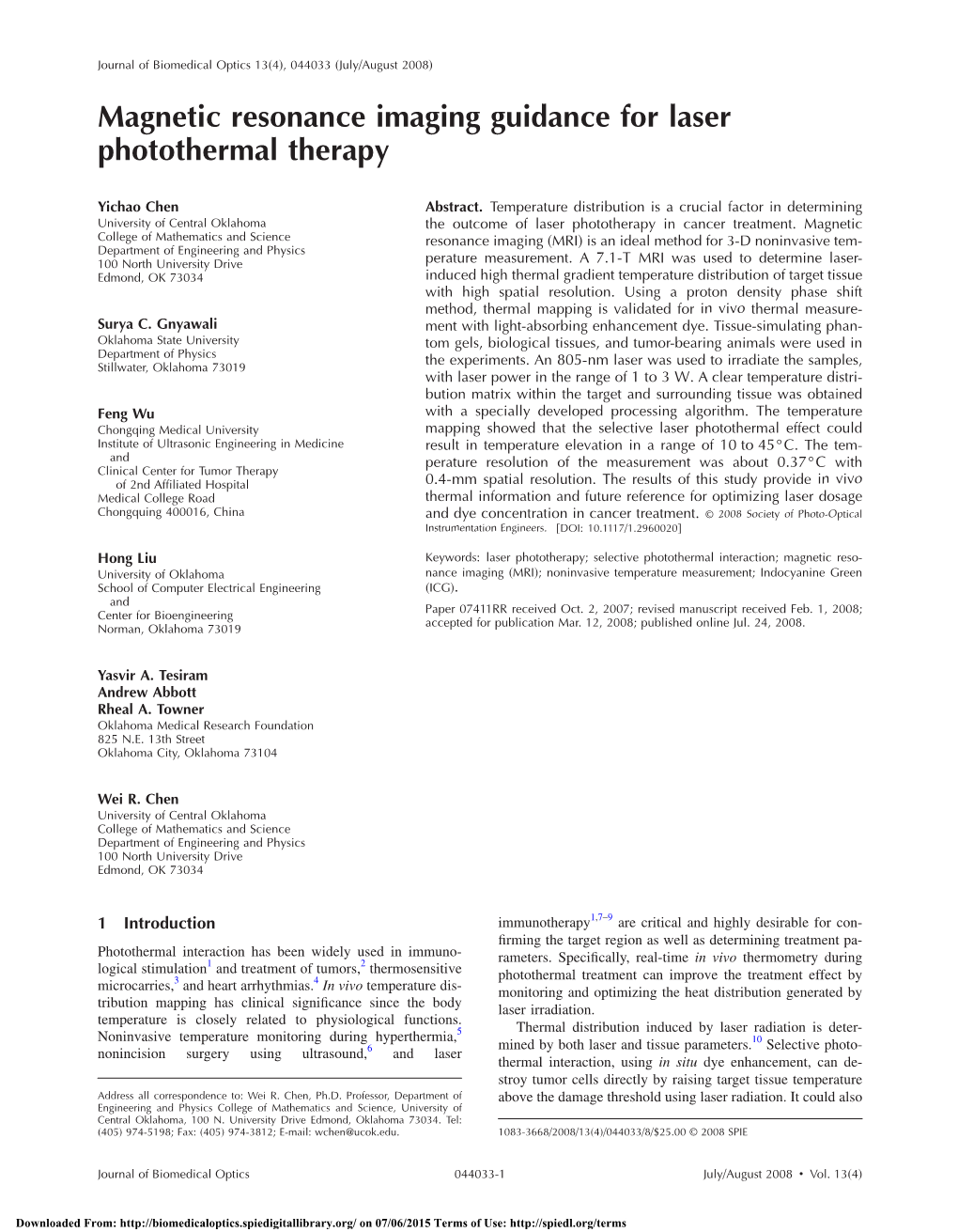 Magnetic Resonance Imaging Guidance for Laser Photothermal Therapy