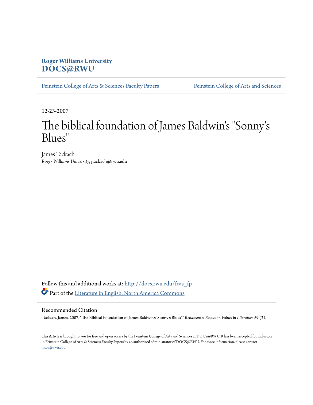 The Biblical Foundation of James Baldwin's "Sonny's Blues" James Tackach Roger Williams University, Jtackach@Rwu.Edu