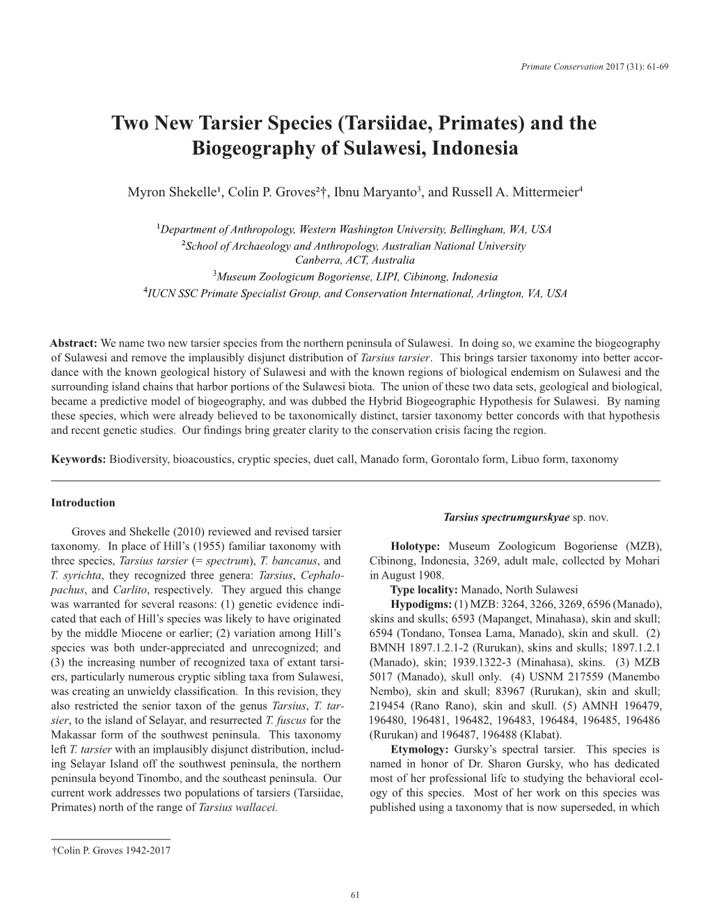 Tarsier Species (Tarsiidae, Primates) and the Biogeography of Sulawesi, Indonesia