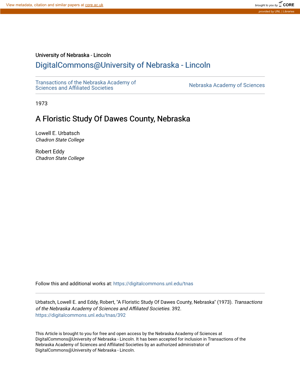 A Floristic Study of Dawes County, Nebraska