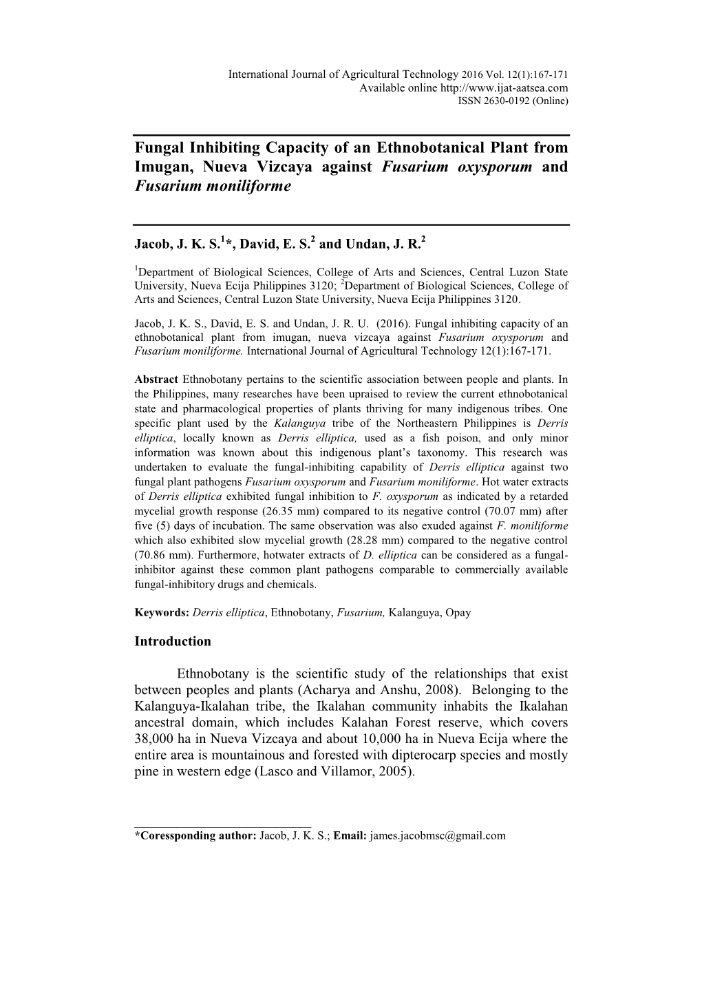 Fungal Inhibiting Capacity of an Ethnobotanical Plant from Imugan, Nueva Vizcaya Against Fusarium Oxysporum and Fusarium Moniliforme