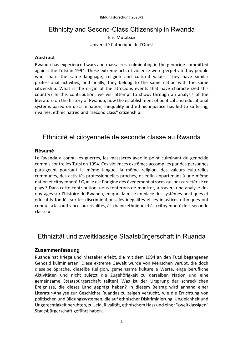 Ethnicity and Second-Class Citizenship in Rwanda Eric Mutabazi Université Catholique De L’Ouest