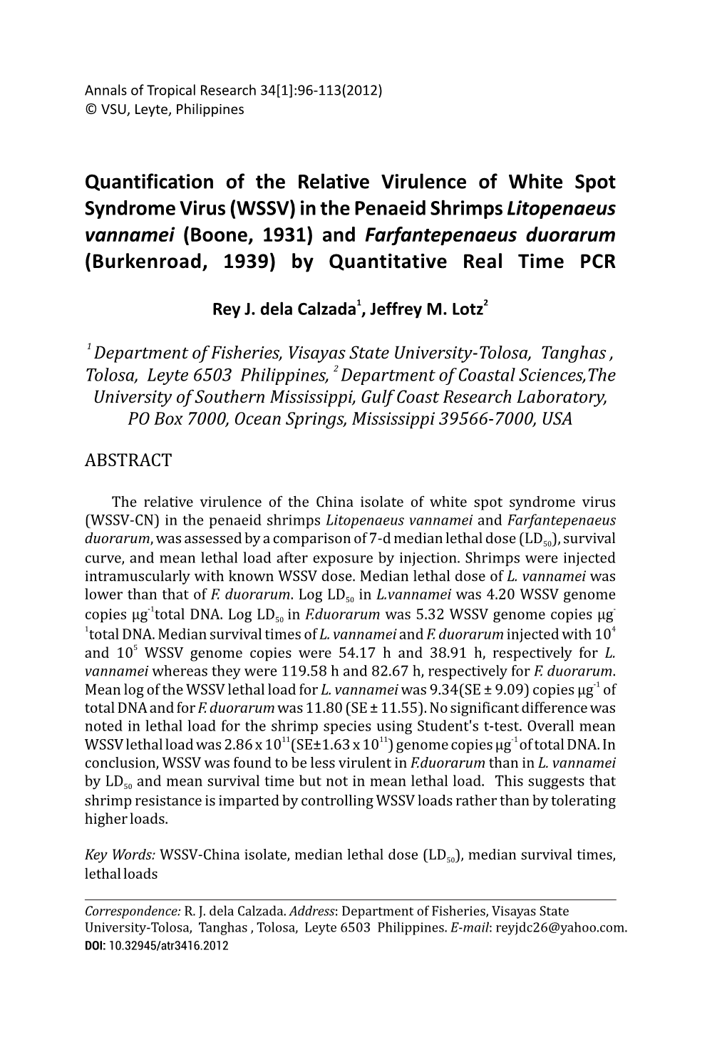 96-113 Relative Virulence of White Spot Syndrome Virus