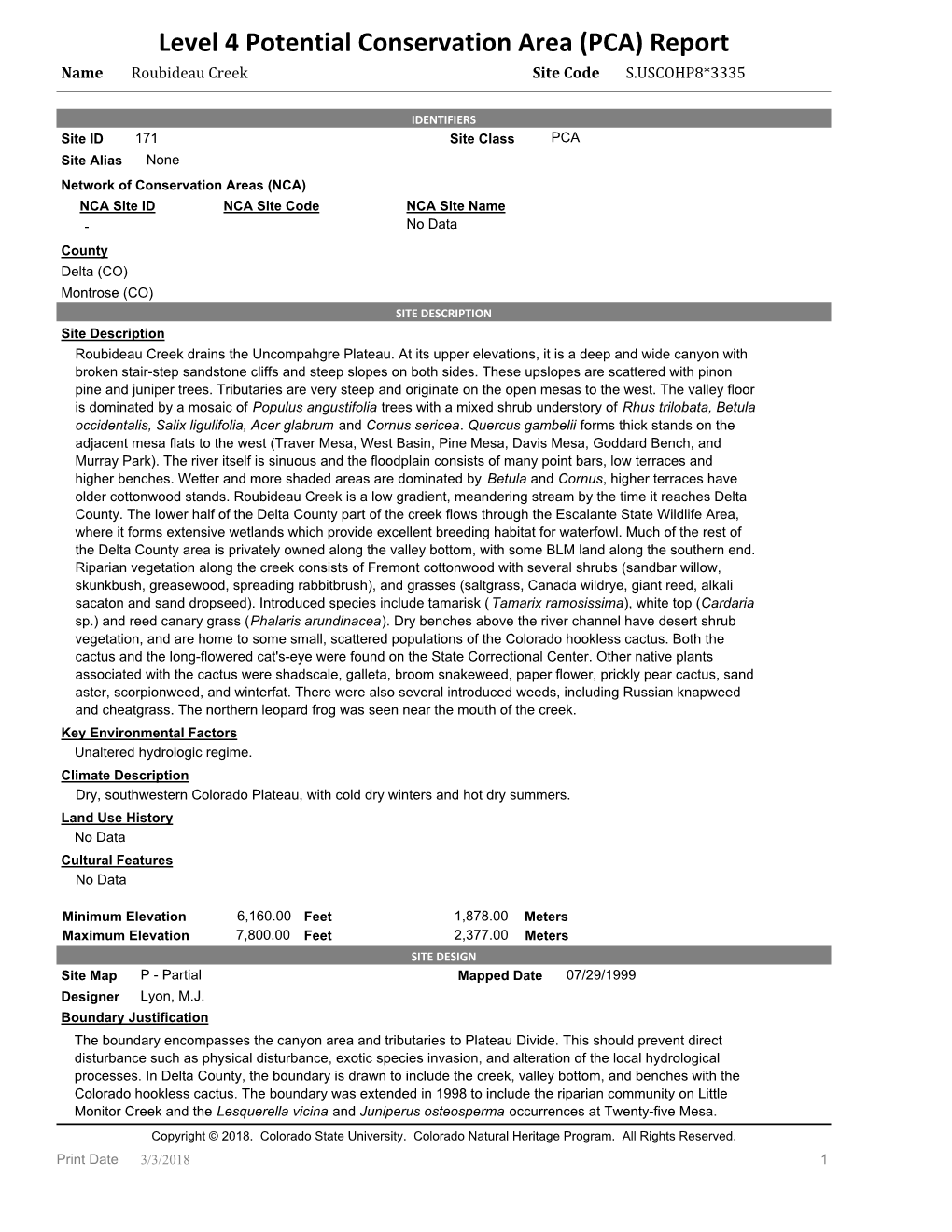 Level 4 Potential Conservation Area (PCA) Report Name Roubideau Creek Site Code S.USCOHP8*3335