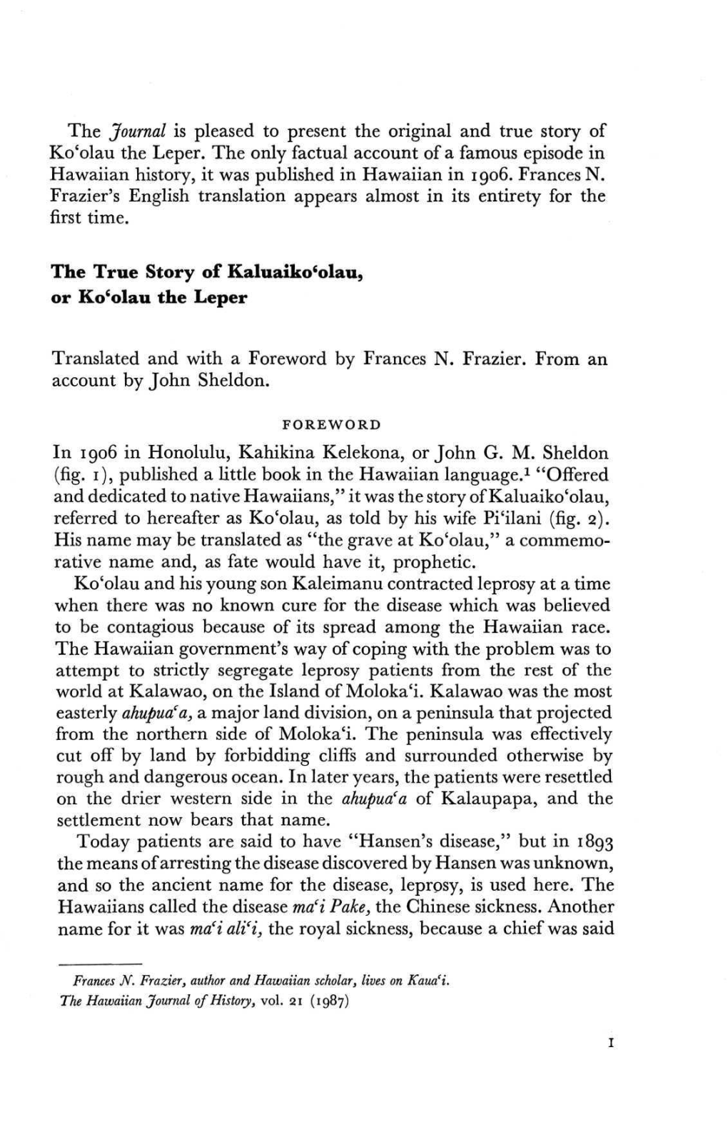 The Journal Is Pleased to Present the Original and True Story of Ko'olau the Leper