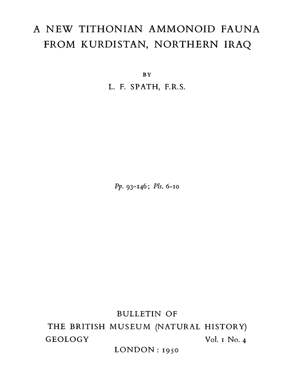 A New Tithonian Ammonoid Fauna from Kurdistan, Northern Iraq