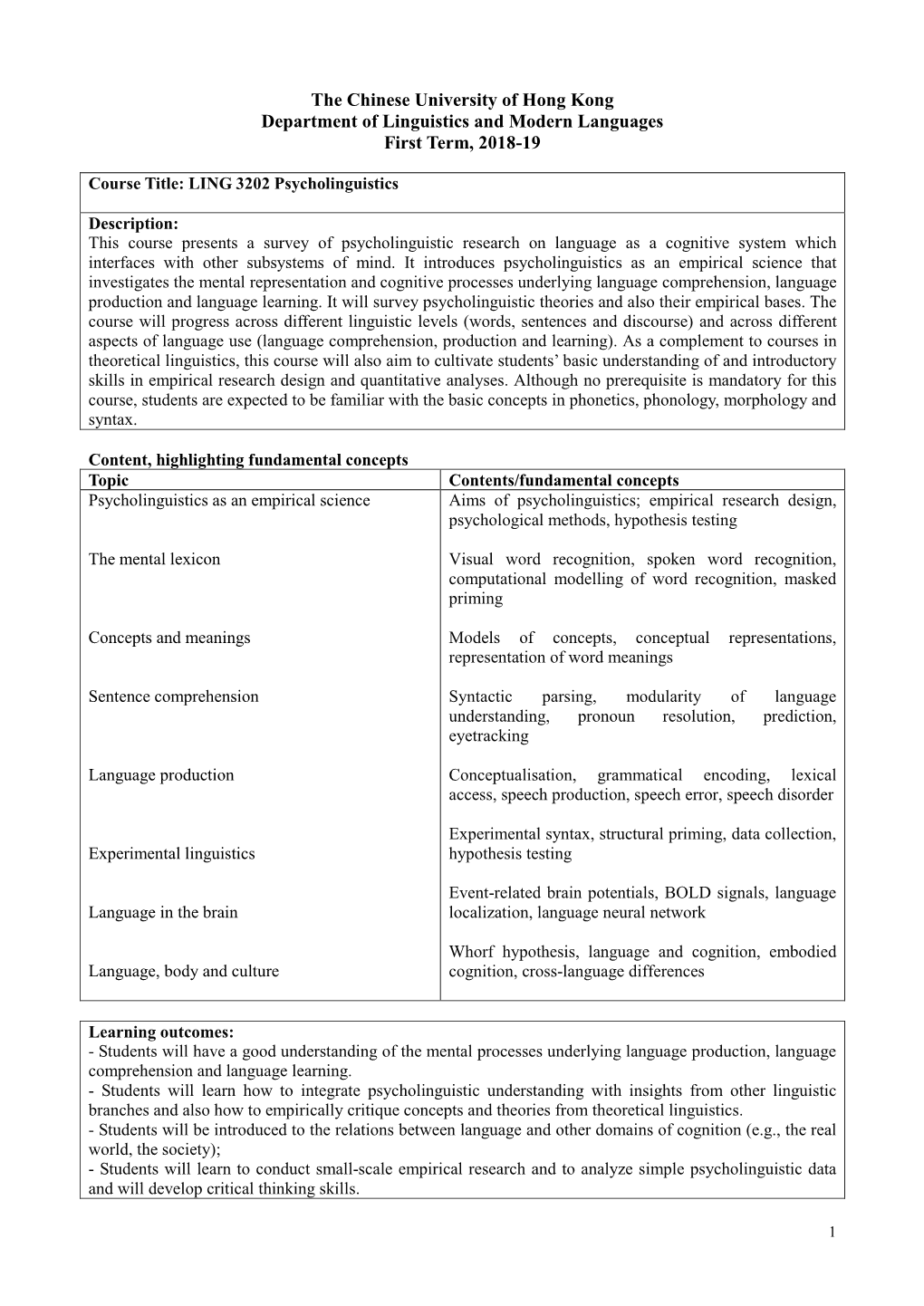 The Chinese University of Hong Kong Department of Linguistics and Modern Languages First Term, 2018-19